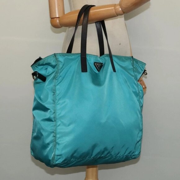 PRADA Tote Bag Nylon Blue Silver Auth - Picture 1 of 16